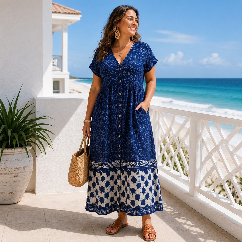 Natural Life XL Blue Batik Maxi Dress Button Front Pockets Boho Coastal Rayon
